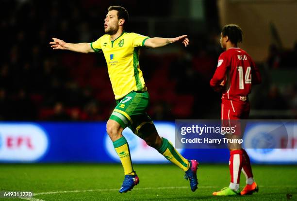 Yanic Wildschut of Norwich City celebrates his sides first goal during the Sky Bet Championship match between Bristol City and Norwich City at Ashton...