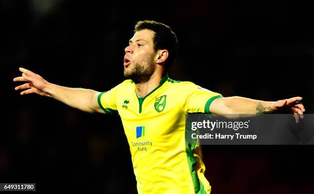 Yanic Wildschut of Norwich City celebrates his sides first goal during the Sky Bet Championship match between Bristol City and Norwich City at Ashton...