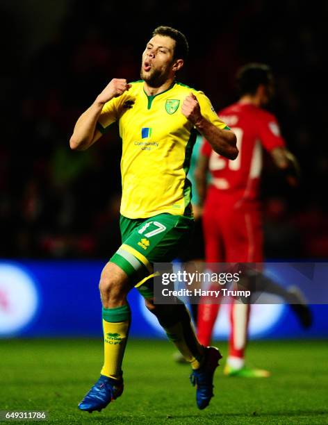 Yanic Wildschut of Norwich City celebrates his sides first goal during the Sky Bet Championship match between Bristol City and Norwich City at Ashton...