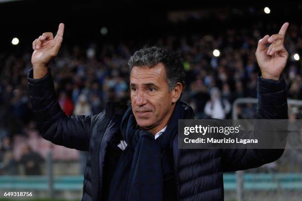 Antonio Careca gestures before the UEFA Champions League Round of 16 second leg match between SSC Napoli and Real Madrid CF at Stadio San Paolo on...