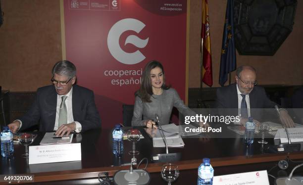 Queen Letizia of Spain accompanied by the Minister of Foreign Affairs and Cooperation, Alfonso Dastis and Fernando Garcia Casas, Secretary of State...