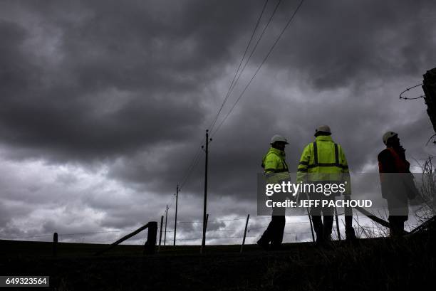 Employees of French national electricity grid company Enedis work to repair high voltage lines on March 7 near Amplepuis, central France, after the...