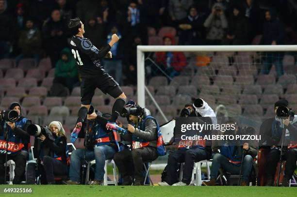 Real Madrid's forward Alvaro Morata celebrates after scoring during the UEFA Champions League football match SSC Napoli vs Real Madrid on March 7,...