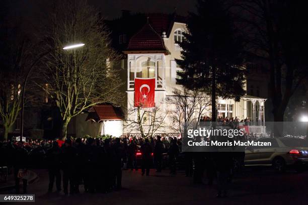 View of the Turkish consulate after Foreign Minister Mevlut Cavusoglu was speaking to supporters of the upcoming referendum in Turkey on March 7,...