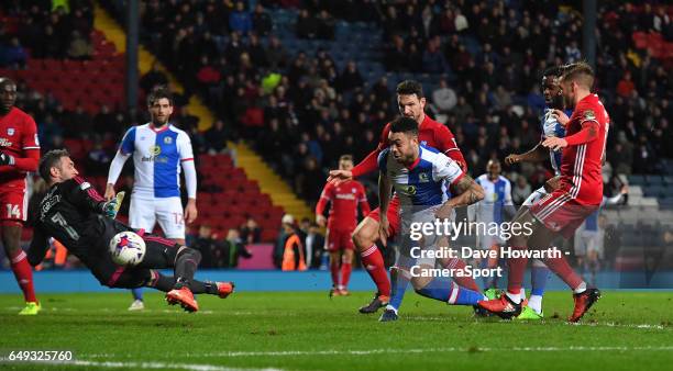 Blackburn Rovers' Derrick Williams scores his sides opening goal during the Sky Bet Championship match between Blackburn Rovers and Cardiff City at...