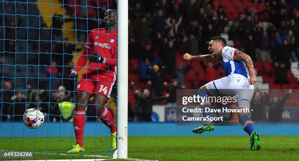 Blackburn Rovers' Derrick Williams celebrates his equalising goal during the Sky Bet Championship match between Blackburn Rovers and Cardiff City at...