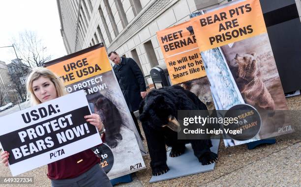Animal rights supporters, alongside "Bernard", PETA's seven-foot-tall robotic bear voiced by Oscar-winning actor Casey Affleck, call on the USDA to...