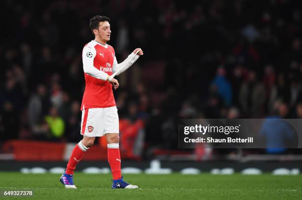 Mesut Ozil of Arsenal looks dejected in defeat after the UEFA Champions League Round of 16 second leg match between Arsenal FC and FC Bayern Muenchen...