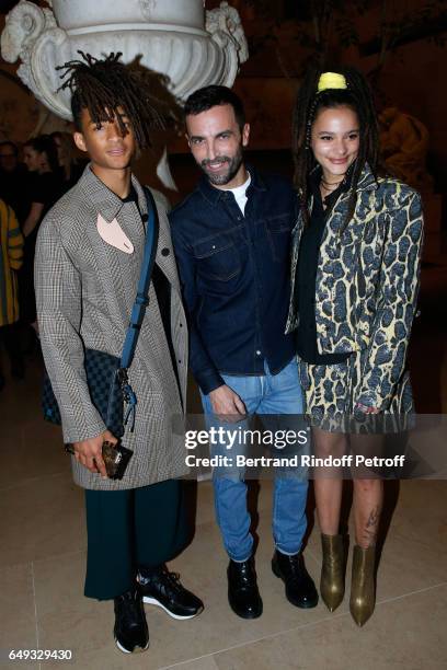 Jaden Smith, Stylist Nicolas Ghesquiere and Sasha Lane pose after the Louis Vuitton show as part of the Paris Fashion Week Womenswear Fall/Winter...