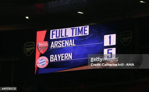 The scoreboard showing the final 1-5 scoreline the UEFA Champions League Round of 16 second leg match between Arsenal FC and FC Bayern Muenchen at...