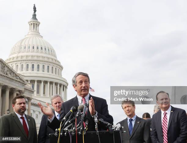 Rep. Mark Sanford speaks about Obamacare repeal and replacement while members of the House Freedom Caucus during a news conference on Capitol Hill,...