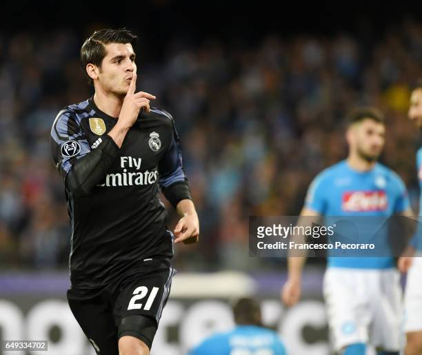 Alvaro Morata of Real Madrid celebrates after scoring goal 1-3 during the UEFA Champions League Round of 16 second leg match between SSC Napoli and...