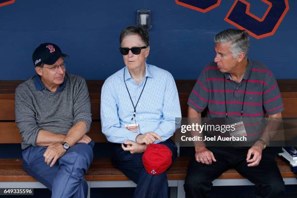 Thomas C. Werner, Chairman, John W. Henry, Principal Owner, and Dave Dumbrowski, President of Baseball Operations of the Boston Red Sox sit in the...