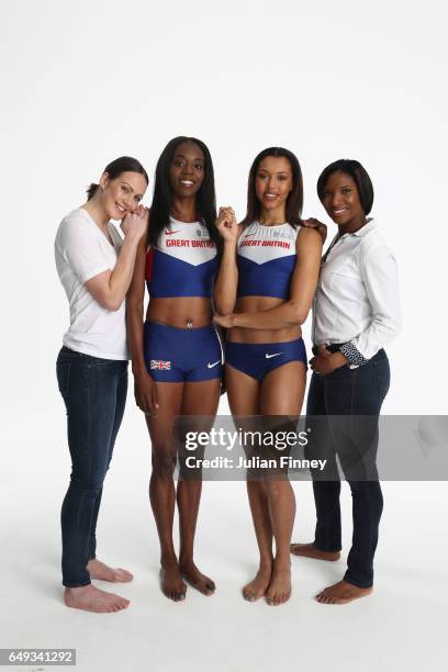 Athletics legends Kelly Sotherton and Denise Lewis pose with Long Jumper Lorraine Ugen of Great Britain and High Jumper Morgan Lake of Great Britain...