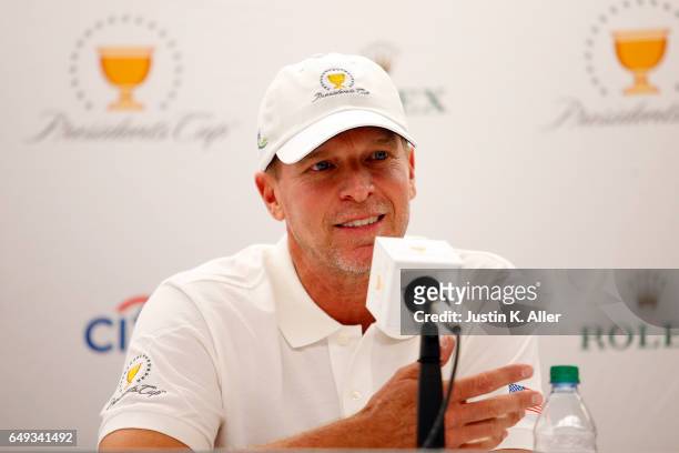 Presidents Cup Captain Steve Stricker speaks during a press conference to announce four assistant captains at Innisbrook Copperhead Course on March...