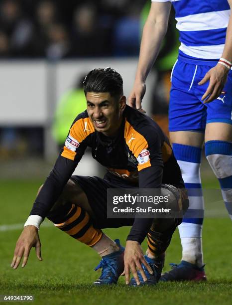 Newcastle player Ayoze Perez reacts during the Sky Bet Championship match between Reading and Newcastle United at Madejski Stadium on March 7, 2017...