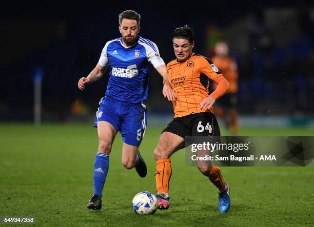 Cole Skuse of Ipswich Town and Ben Marshall of Wolverhampton Wanderers during the Sky Bet Championship match between Ipswich Town and Wolverhampton...