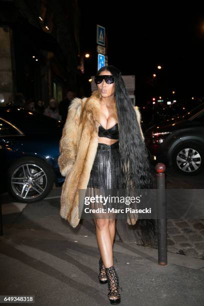 Singer Nicki Minaj arrives to attend the 'V Magazine' dinner at Laperouse restaurant on March 7, 2017 in Paris, France.