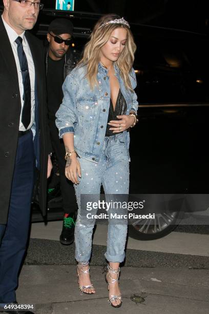 Singer Rita Ora arrives to attend the 'V Magazine' dinner at Laperouse restaurant on March 7, 2017 in Paris, France.