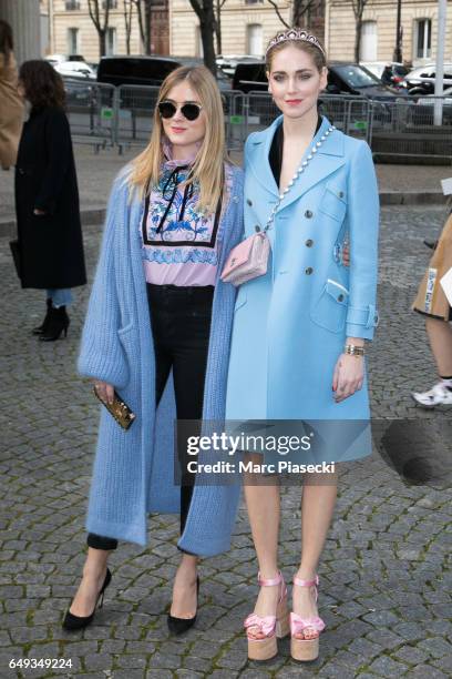 Valentina Ferragni and Chiara Ferragni attend the Miu Miu show as part of the Paris Fashion Week Womenswear Fall/Winter 2017/2018 on March 7, 2017 in...