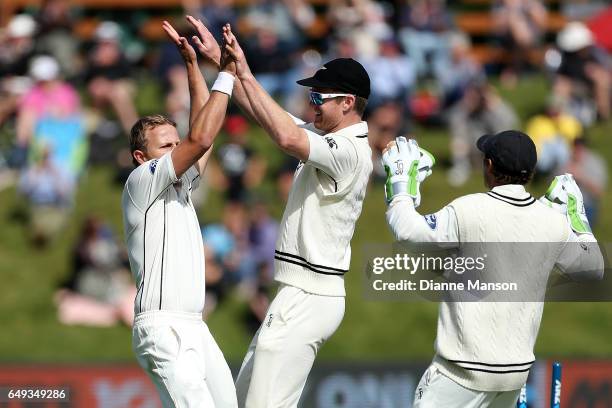 Neil Wagner and Jimmy Neesham celebrate the dismissal of Hashim Amla of South Africa during day one of the First Test match between New Zealand and...