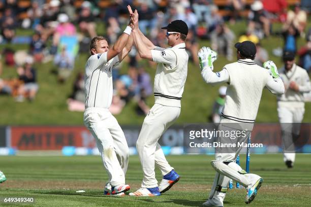 Neil Wagner and Jimmy Neesham celebrate the dismissal of Hashim Amla of South Africa during day one of the First Test match between New Zealand and...