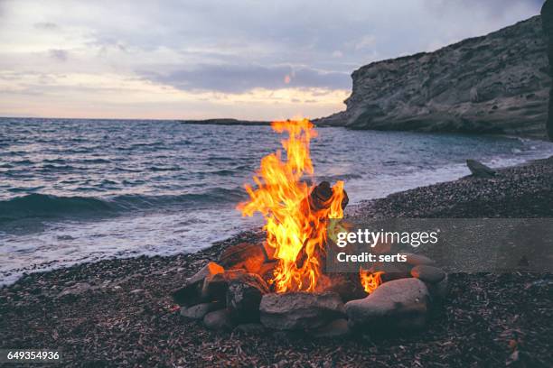 campfire on the beach - bonfire stock pictures, royalty-free photos & images