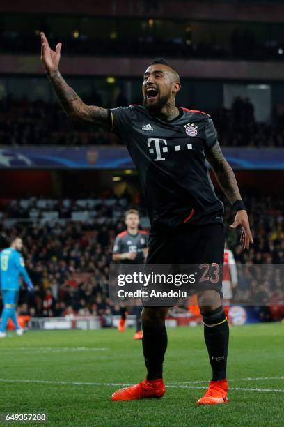 Bayern Munich's Arturo Vidal celebrates after scoring a goal during the UEFA Champions League match between Arsenal FC and Bayern Munich at Emirates...