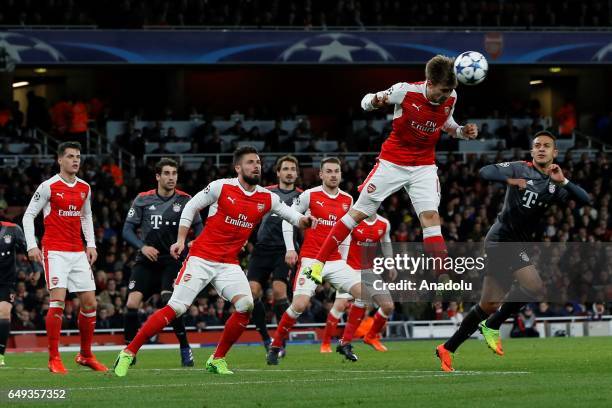 Arsenals Nacho Monreal vies with Bayern Munich's Thiago Alcántara during the UEFA Champions League match between Arsenal FC and Bayern Munich at...