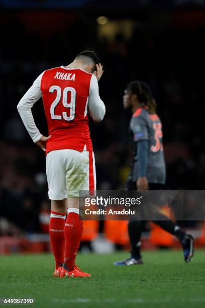 Arsenals Granit Xhaka reacts during the UEFA Champions League match between Arsenal FC and Bayern Munich at Emirates Stadium on March 7, 2017 in...