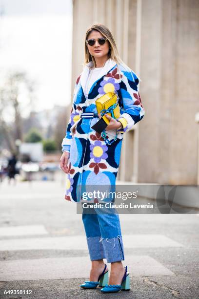 Thassia Naves is seen in the streets of Paris after the Miu Miu show during Paris Fashion Week Womenswear Fall/Winter 2017/2018 on March 7, 2017 in...