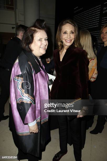 Suzy Menkes and Marisa Berenson attend "Dessiner L'Or et L'Argent Odiot Orfevre" Exhibition Launch at Musee Des Arts Decoratifs on March 7, 2017 in...