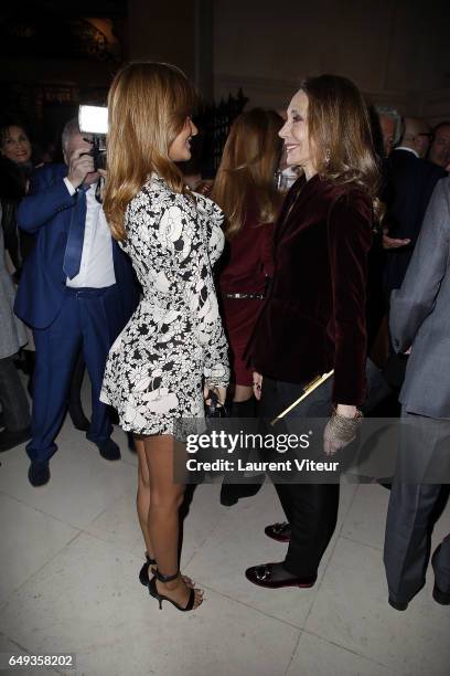 Zahia Dehar and Marisa Berenson attend "Dessiner L'Or et L'Argent Odiot Orfevre" Exhibition Launch at Musee Des Arts Decoratifs on March 7, 2017 in...