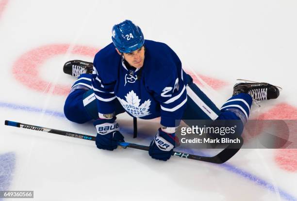 Brian Boyle of the Toronto Maple Leafs stretches before taking on the Detroit Red Wings at the Air Canada Centre on March 7, 2017 in Toronto,...