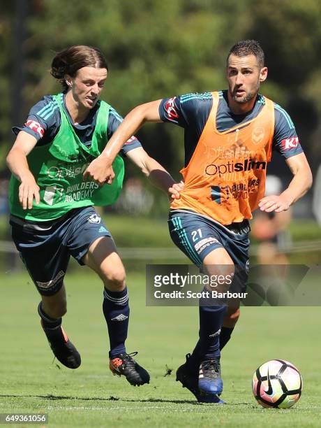 Carl Valeri of the Victory controls the ball during a Melbourne Victory A-League training session at Gosch's Paddock on March 8, 2017 in Melbourne,...
