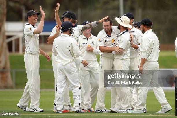 The Bushrangers celebrate after Jon Holland and Cameron White of the Bushrangers combined to take the wicket of Hilton Cartwright of the Warriors...
