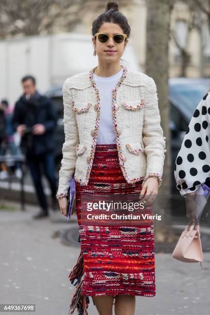 Leandra Medine wearing Chanel skirt and blazer outside Ellery on March 7, 2017 in Paris, France.