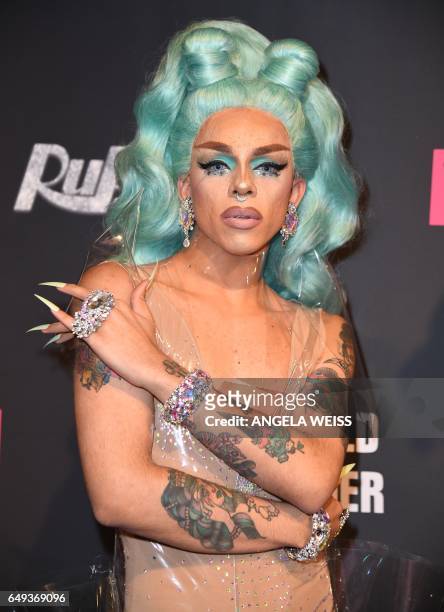 Contestant Aja attends "RuPaul's Drag Race"- Season Premiere party on March 7, 2017 in New York City. / AFP PHOTO / ANGELA WEISS