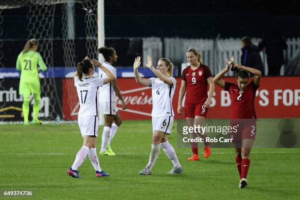 Amandine Henry and Gaetane Thiney of France celebrate after defeating the United States 3-0 to win the 2017 SheBelieves Cup at RFK Stadium on March...
