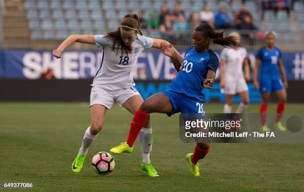 Jill Scott of England fights for control of the ball against Grace Geyoro of France during the SheBelieves Cup at Talen Energy Stadium on March 1,...