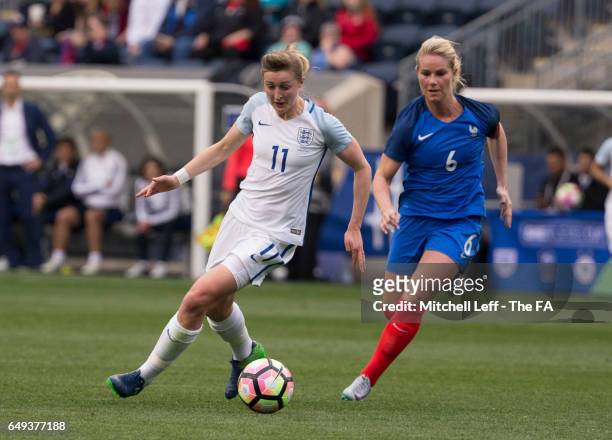 Ellen White of England controls the ball against Amandine Henry of France during the SheBelieves Cup at Talen Energy Stadium on March 1, 2017 in...
