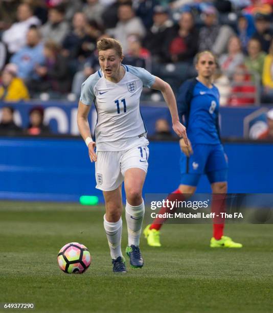 Ellen White of England controls the ball against Jessica Houara of France during the SheBelieves Cup at Talen Energy Stadium on March 1, 2017 in...