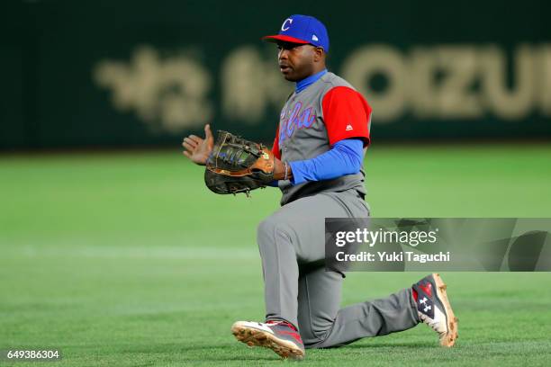 William Saavedra of Team Cuba reacts after getting an out in third inning during the Game 1 of Pool B against Team Japan at the Tokyo Dome on...