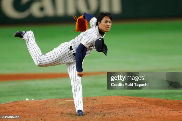 Takahiro Norimoto of Team Japan pitches in sixth inning during the Game 1 of Pool B against Team Cuba at the Tokyo Dome on Tuesday, March 7, 2017 in...