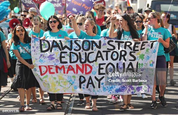 Childcare workers from Dawson Street Child Care Co-operative walk down Sydney Road during a protest march as part of a campaign for higher wages on...