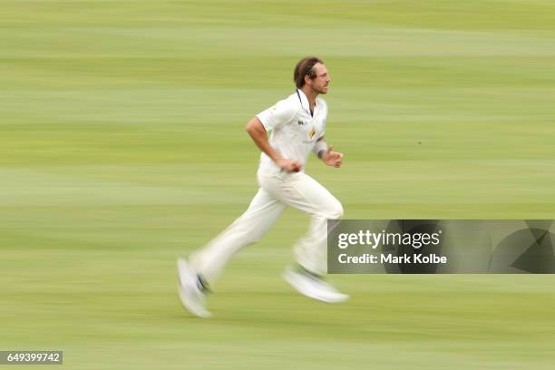 James Pattinson of the Bushrangers runs in to bowl during the Sheffield Shield match between Victoria and Western Australia at Traeger Park on March...