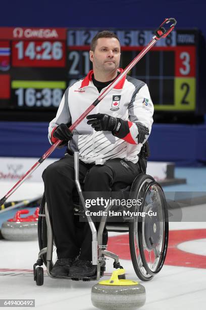 Mark Ideson from Canada delivers a stone during the World Wheelchair Curling Championship 2017 - test event for PyeongChang 2018 Winter Olympic Games...