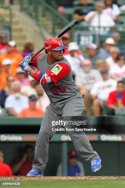 Welington Castillo of the Dominican Republic at bat during the spring training game between the WBC's Dominican Republic and the Baltimore Orioles on...