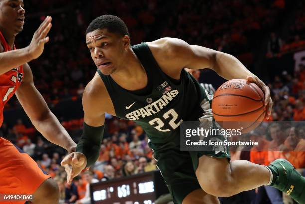 Michigan State Spartans guard Miles Bridges dribbles inside against Illinois Fighting Illini guard Malcolm Hill during the Big Ten conference game on...