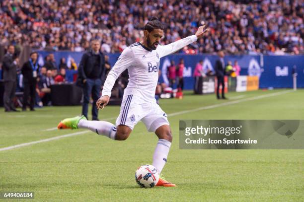 Vancouver Whitecaps defender Sheanon Williams kicks the ball during the game between the Vancouver Whitecaps and the Philadelphia Union at BC Place...